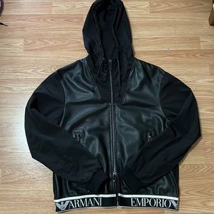 NWOT 100% Authentic Armani Mens Leather and Nylon Hooded Jacket Size 52